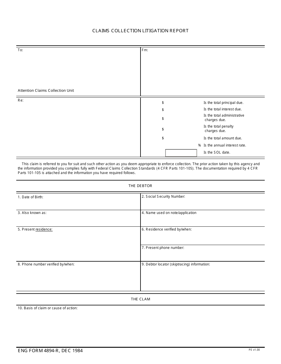ENG Form 4894-R Claims Collection Litigation Report, Page 1