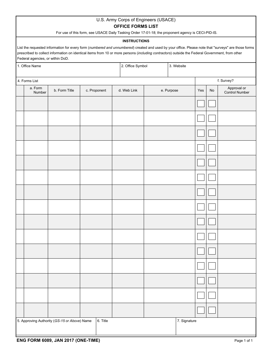 ENG Form 6089 Office Forms List, Page 1