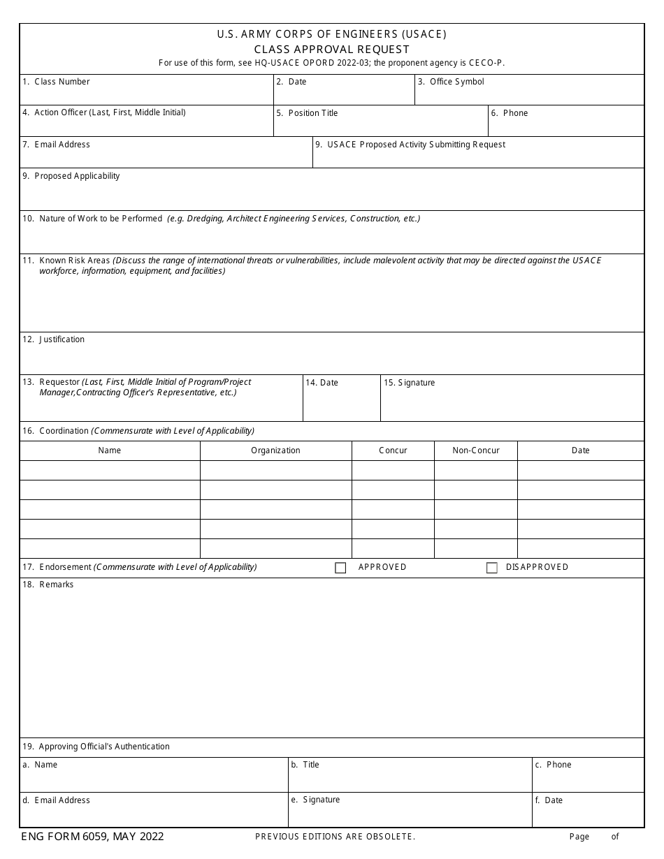 ENG Form 6059 Class Approval Request, Page 1