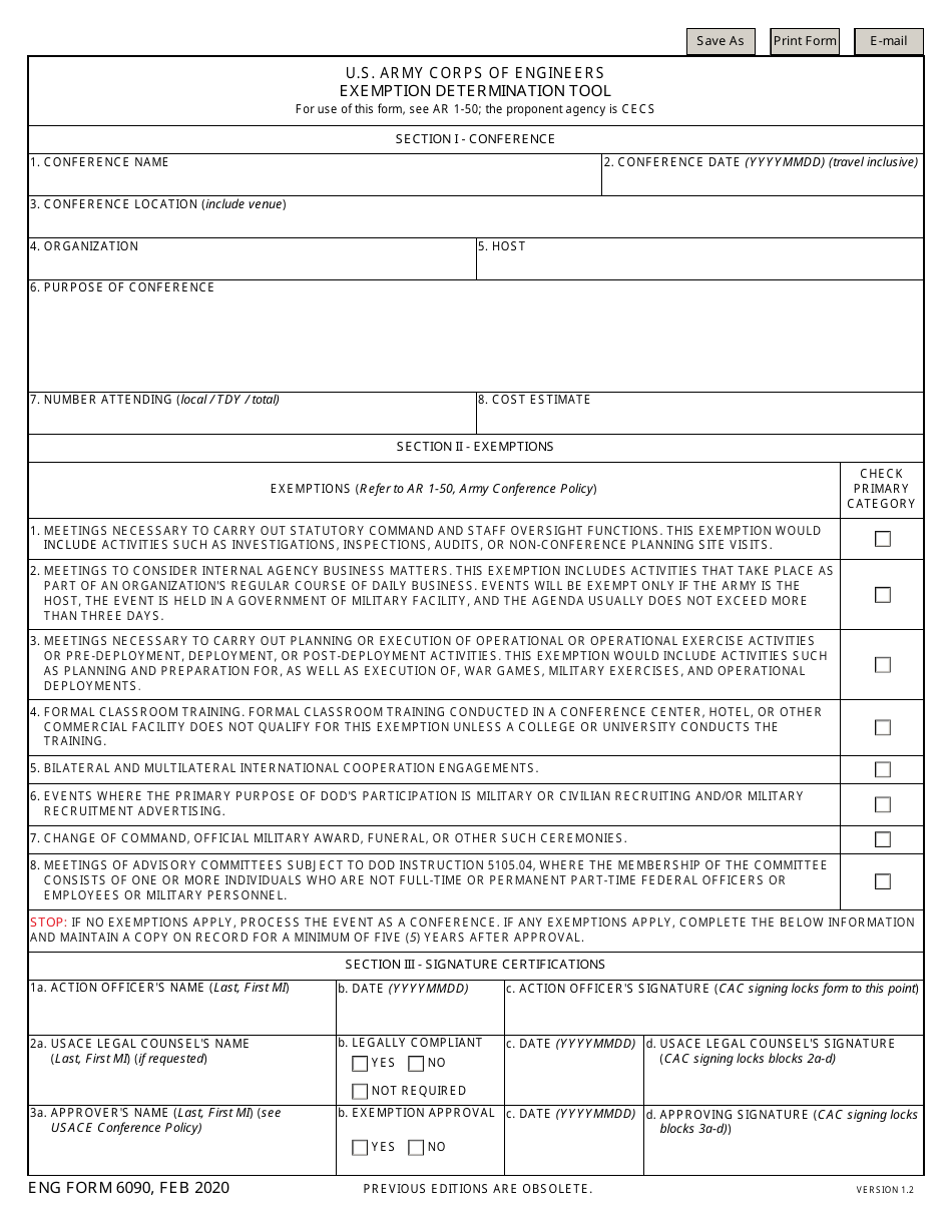 ENG Form 6090 Exemption Determination Tool, Page 1
