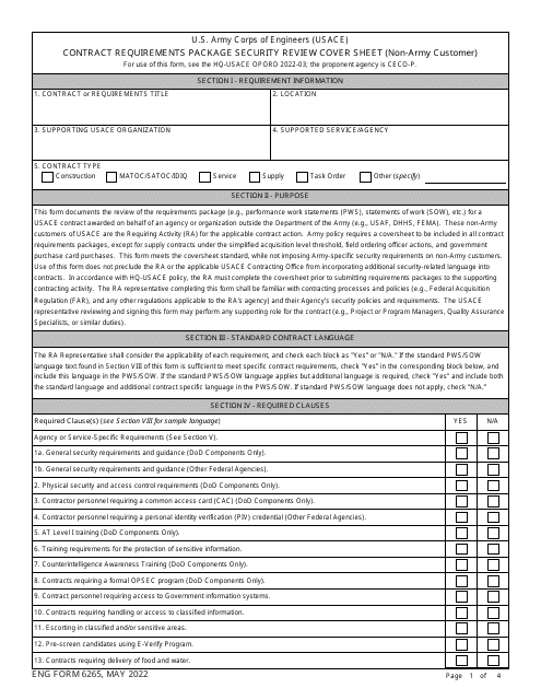 ENG Form 6265 Contract Requirements Package Security Review Cover Sheet (Non-army Customer)