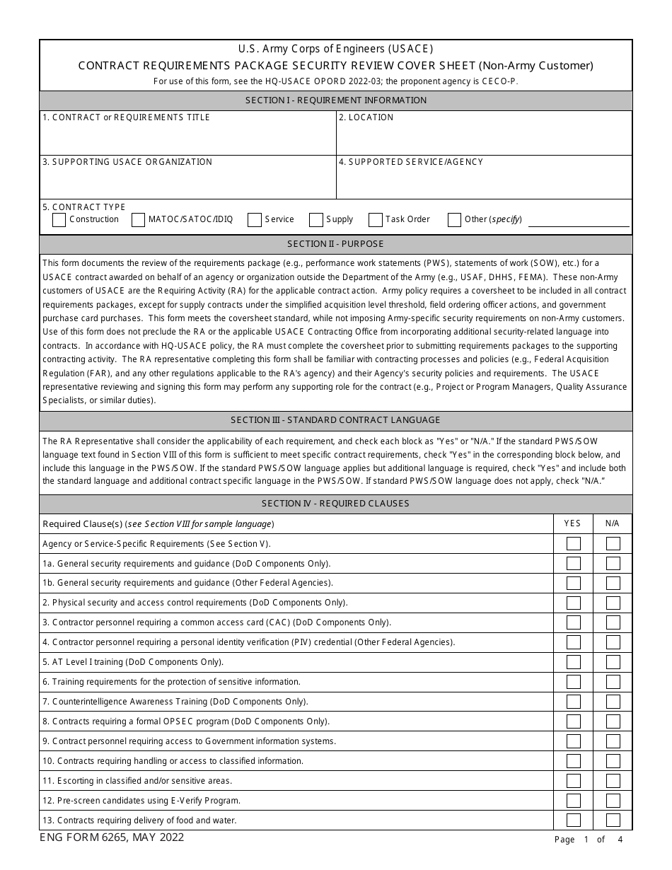 ENG Form 6265 Contract Requirements Package Security Review Cover Sheet (Non-army Customer), Page 1