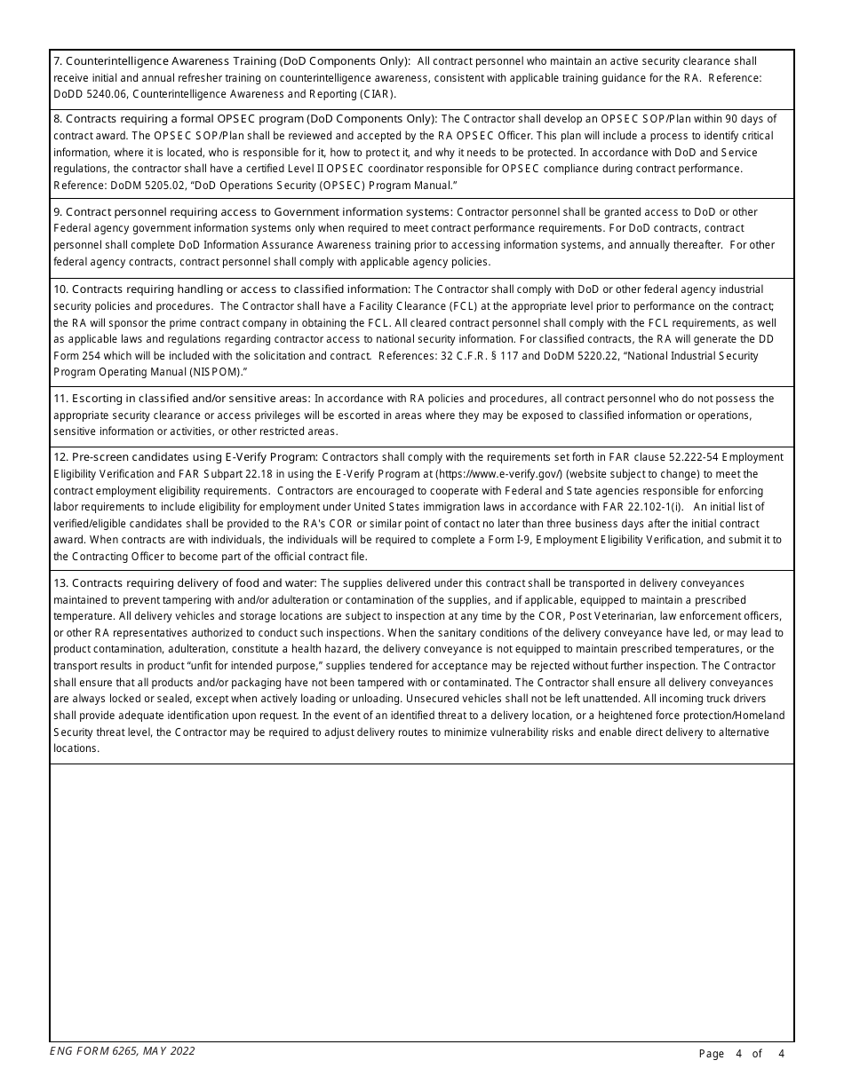ENG Form 6265 Contract Requirements Package Security Review Cover Sheet (Non-army Customer), Page 4