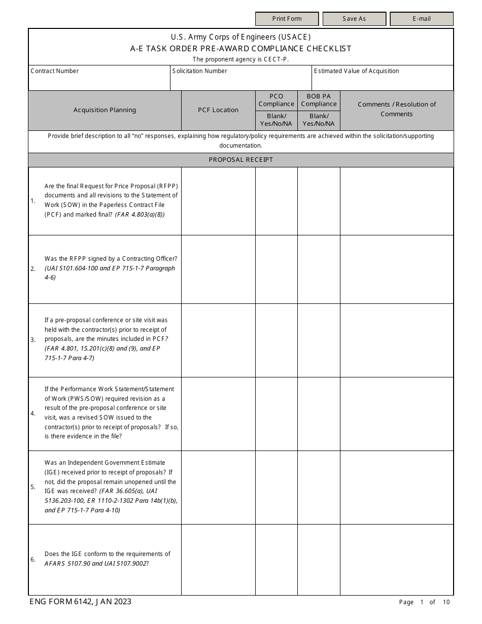 ENG Form 6142 A-E Task Order Contract Compliance Checklist, Page 1