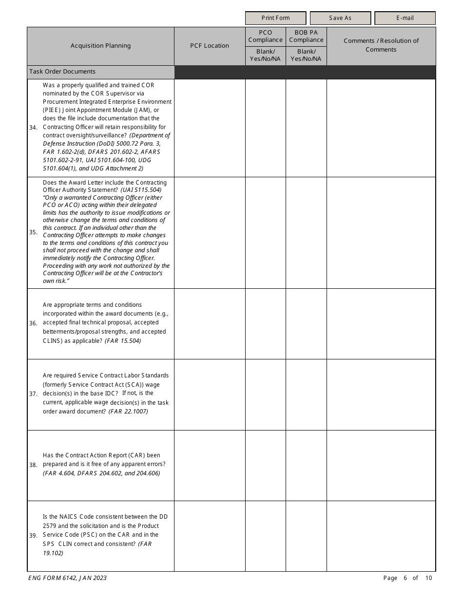 ENG Form 6142 A-E Task Order Contract Compliance Checklist, Page 6