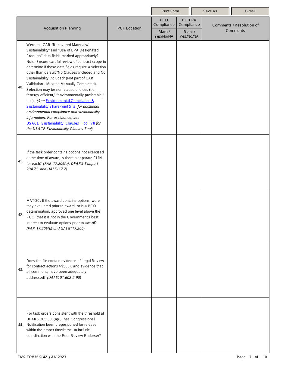 ENG Form 6142 A-E Task Order Contract Compliance Checklist, Page 7