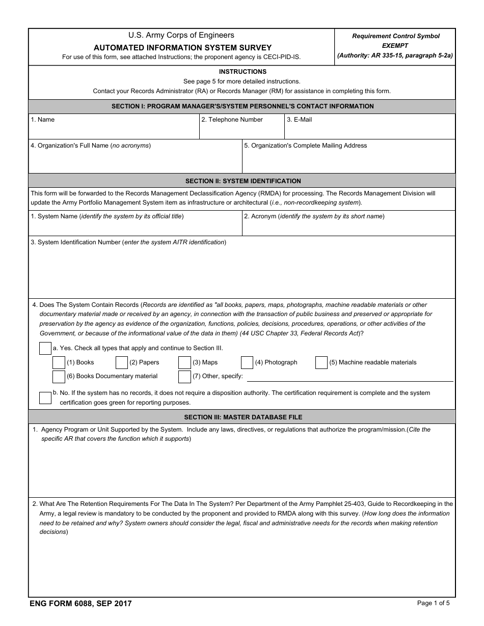 ENG Form 6088 Automated Information System Survey, Page 1
