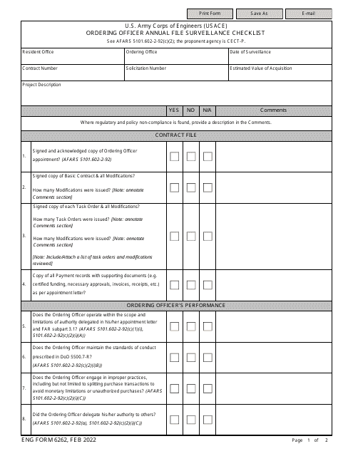 ENG Form 6262 Ordering Officer Annual File Surveillance Checklist