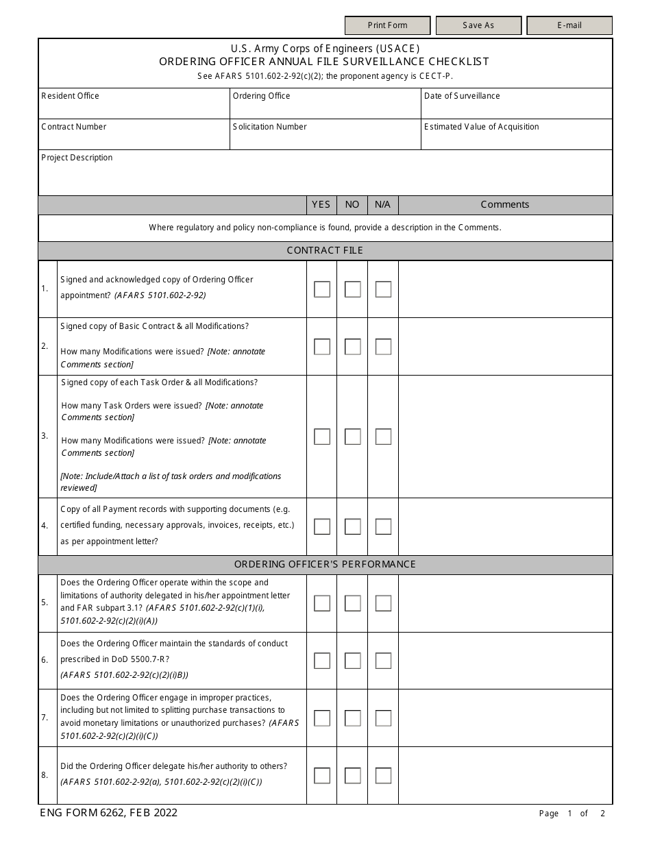 ENG Form 6262 Ordering Officer Annual File Surveillance Checklist, Page 1