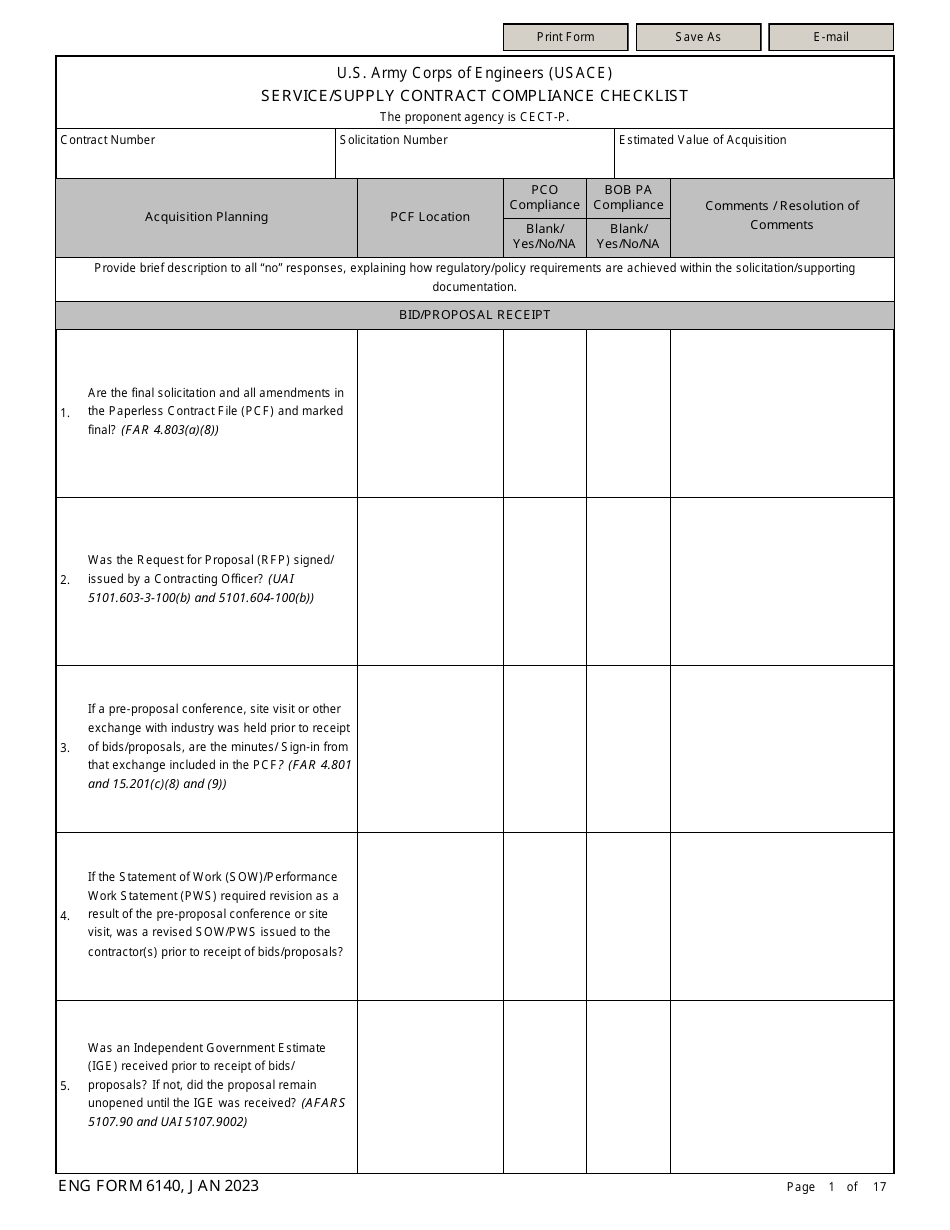 ENG Form 6140 Service / Supply Contract Compliance Checklist, Page 1