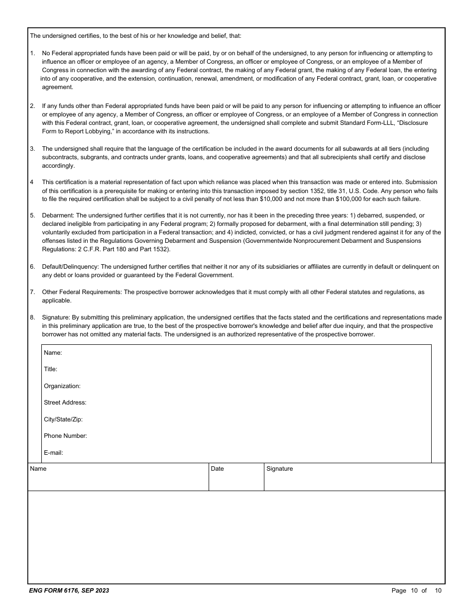 ENG Form 6176 Preliminary Application - Corps Water Infrastructure Financing Program (Cwifp), Page 10