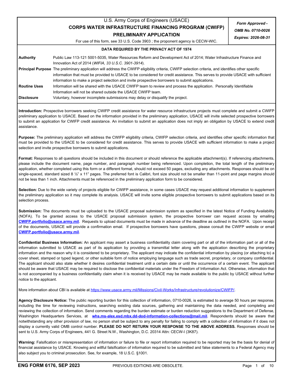 ENG Form 6176 Preliminary Application - Corps Water Infrastructure Financing Program (Cwifp), Page 1