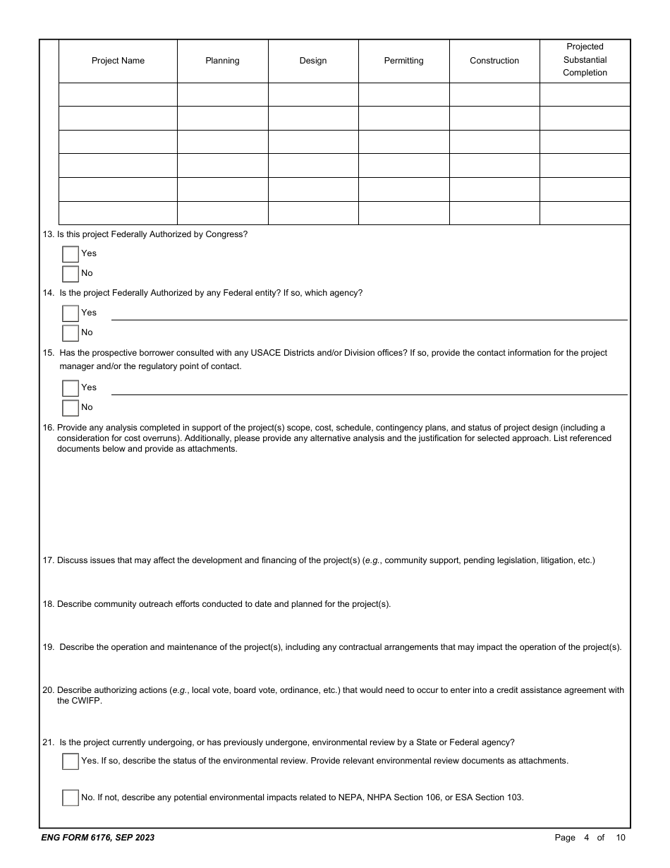 ENG Form 6176 Preliminary Application - Corps Water Infrastructure Financing Program (Cwifp), Page 4