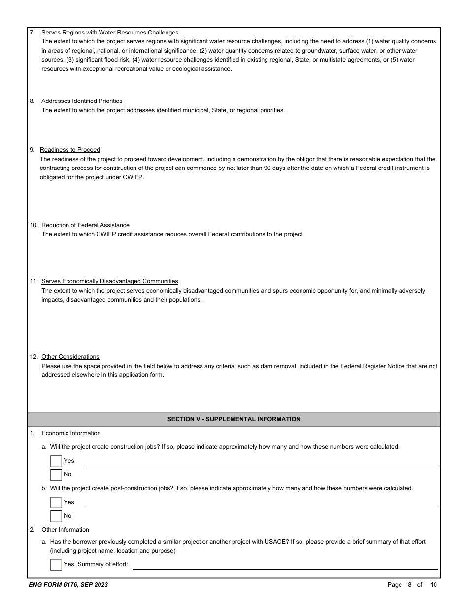 ENG Form 6176 Preliminary Application - Corps Water Infrastructure Financing Program (Cwifp), Page 8