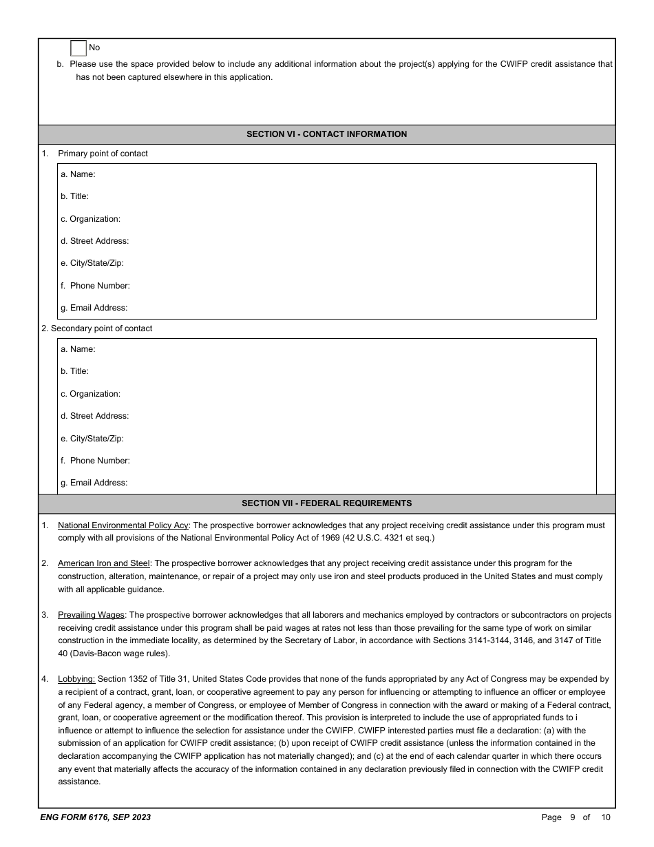 ENG Form 6176 Preliminary Application - Corps Water Infrastructure Financing Program (Cwifp), Page 9