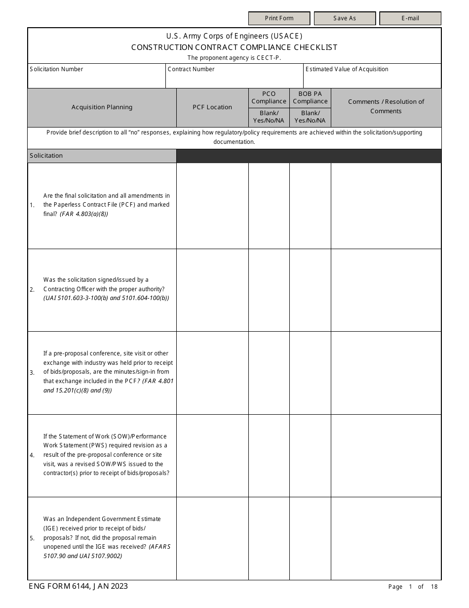ENG Form 6144 Construction Contract Compliance Checklist, Page 1