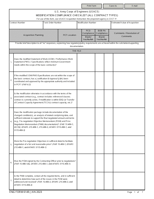 ENG Form 6149 Modification Compliance Checklist (All Contract Types)