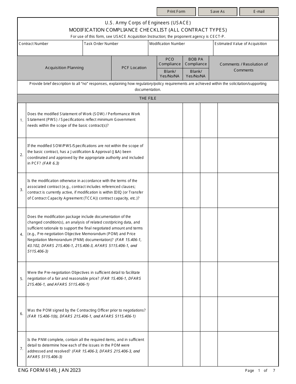 ENG Form 6149 Modification Compliance Checklist (All Contract Types), Page 1