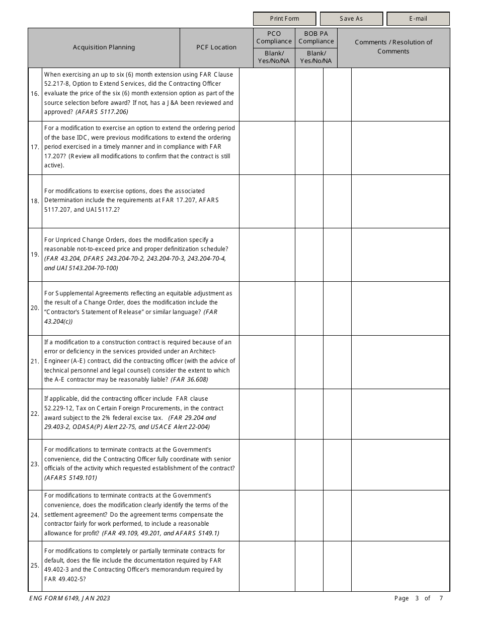 ENG Form 6149 Modification Compliance Checklist (All Contract Types), Page 3