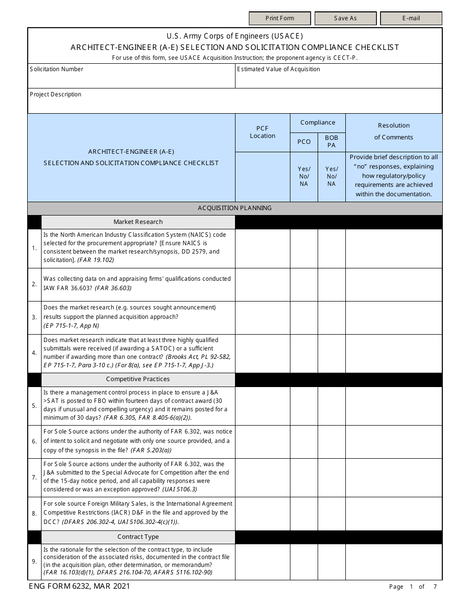 ENG Form 6232 Architect-Engineer (A-E) Section and Solicitation Compliance Checklist, Page 1