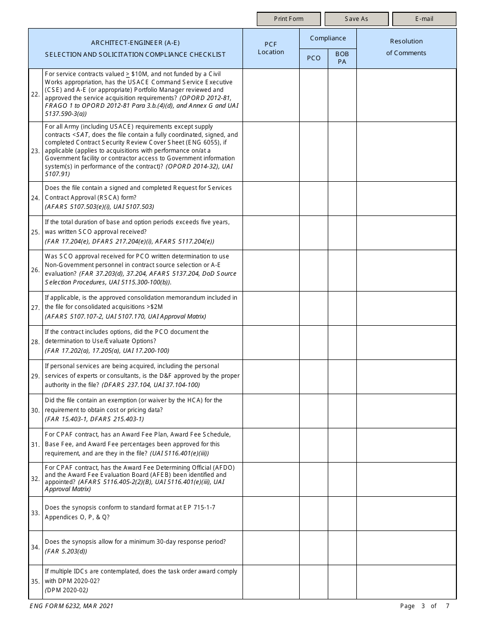 ENG Form 6232 Architect-Engineer (A-E) Section and Solicitation Compliance Checklist, Page 3