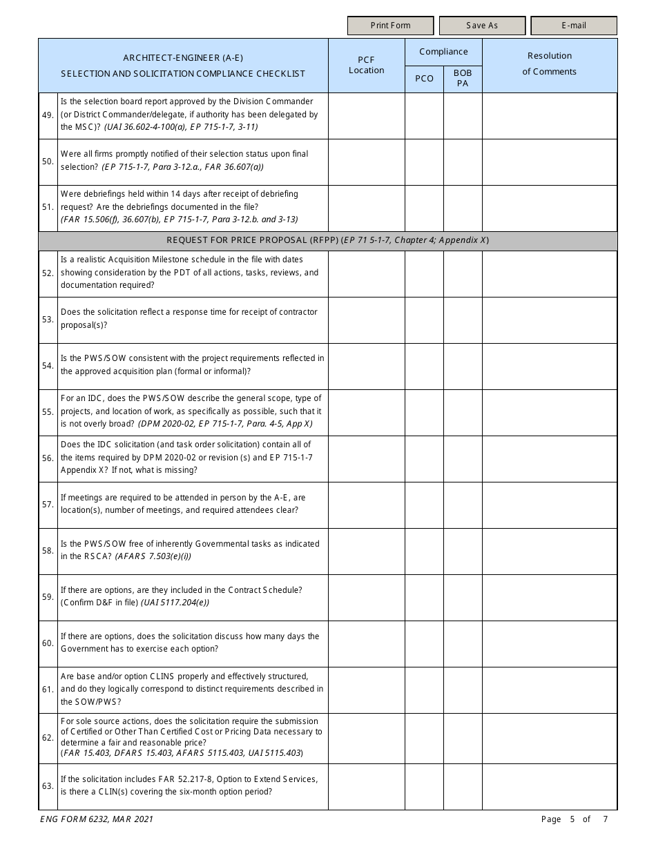 ENG Form 6232 Architect-Engineer (A-E) Section and Solicitation Compliance Checklist, Page 5