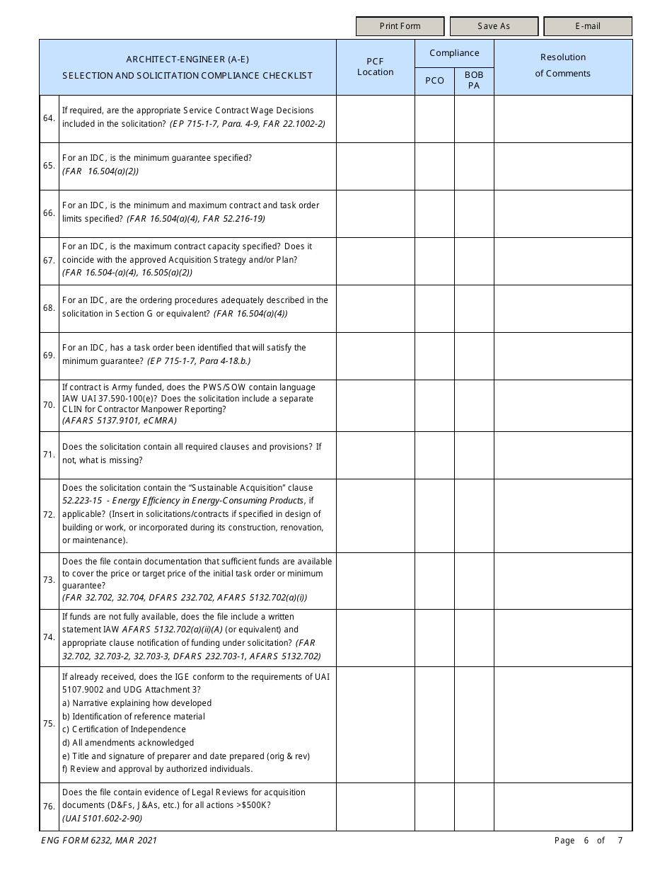 ENG Form 6232 Architect-Engineer (A-E) Section and Solicitation Compliance Checklist, Page 6