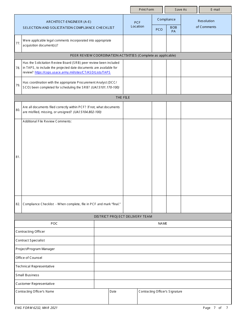 ENG Form 6232 Architect-Engineer (A-E) Section and Solicitation Compliance Checklist, Page 7