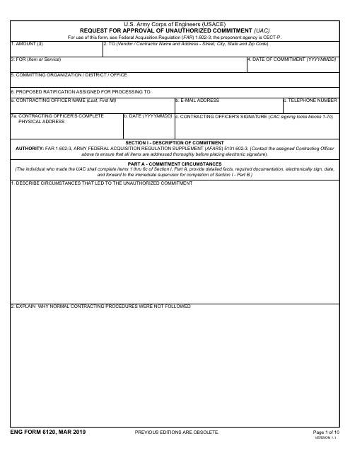 ENG Form 6120 Request for Approval of Unauthorized Commitment (Uac)