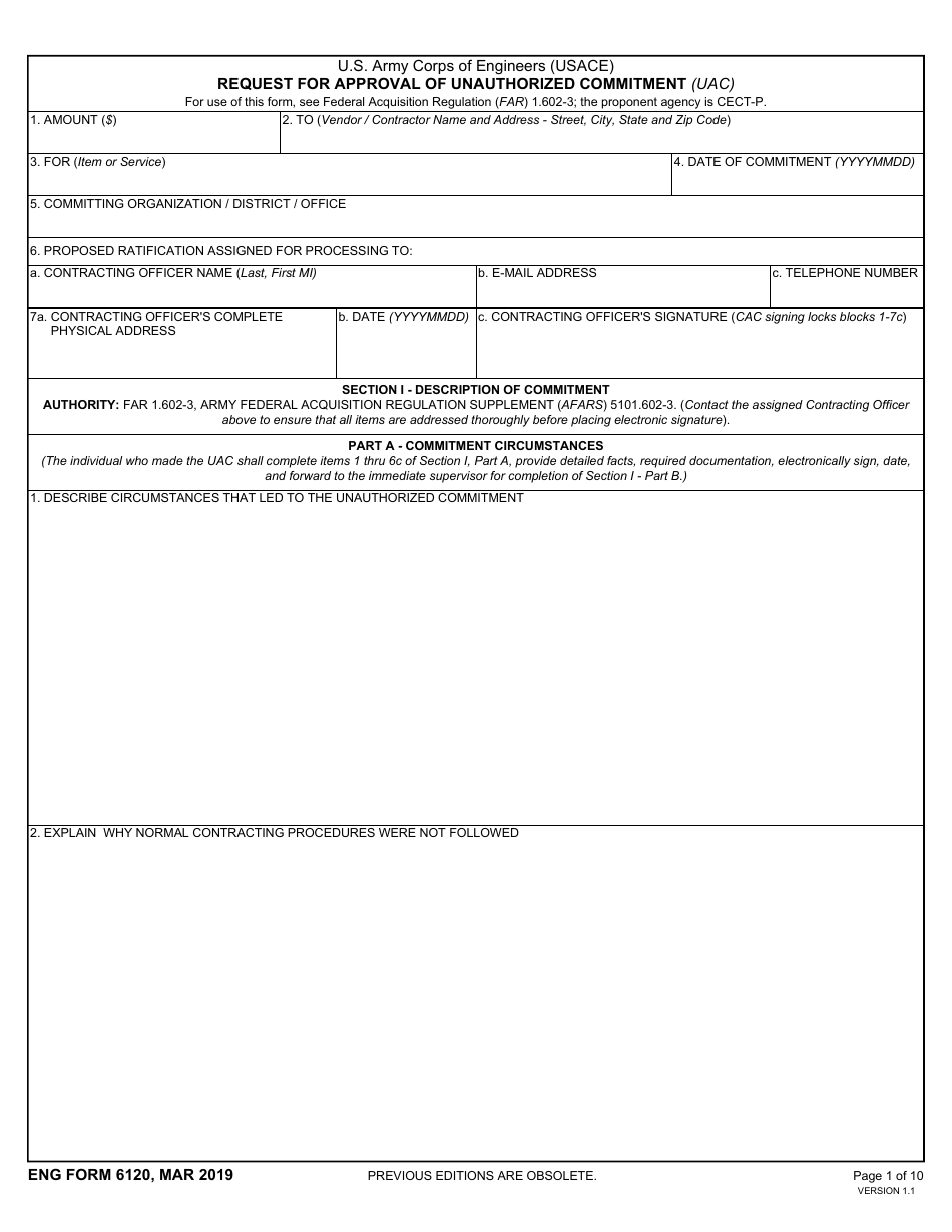 ENG Form 6120 Request for Approval of Unauthorized Commitment (Uac), Page 1