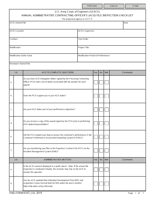 ENG Form 6167 Annual Administrative Contracting Officer's (Aco) File Inspection Checklist