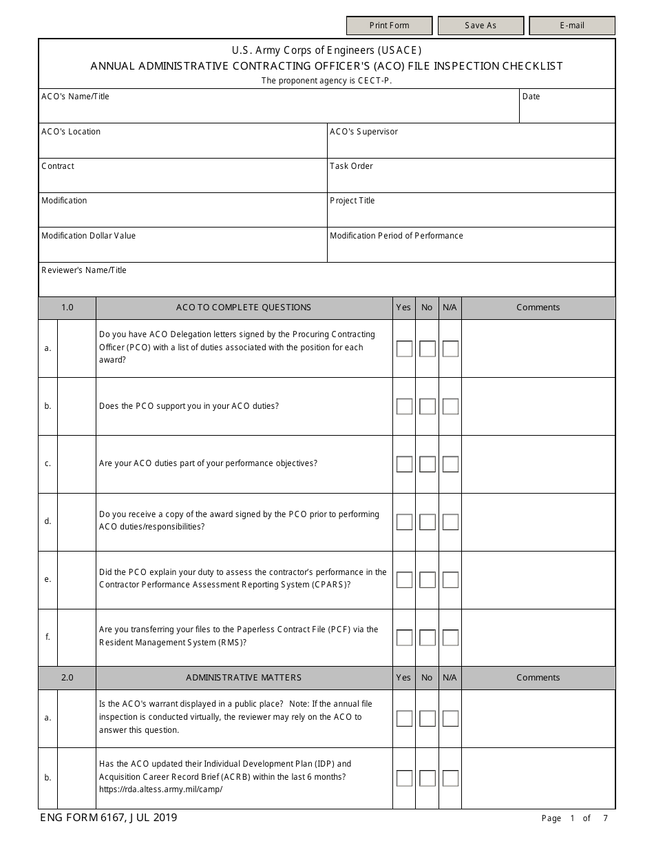 ENG Form 6167 Annual Administrative Contracting Officers (Aco) File Inspection Checklist, Page 1