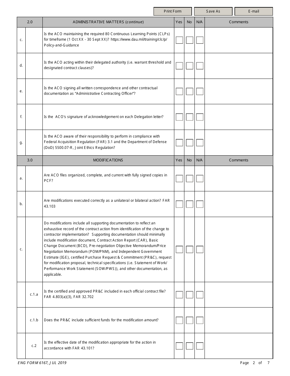 ENG Form 6167 Annual Administrative Contracting Officers (Aco) File Inspection Checklist, Page 2