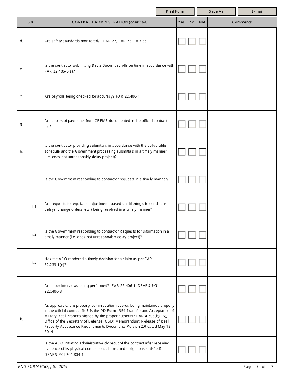 ENG Form 6167 Annual Administrative Contracting Officers (Aco) File Inspection Checklist, Page 5