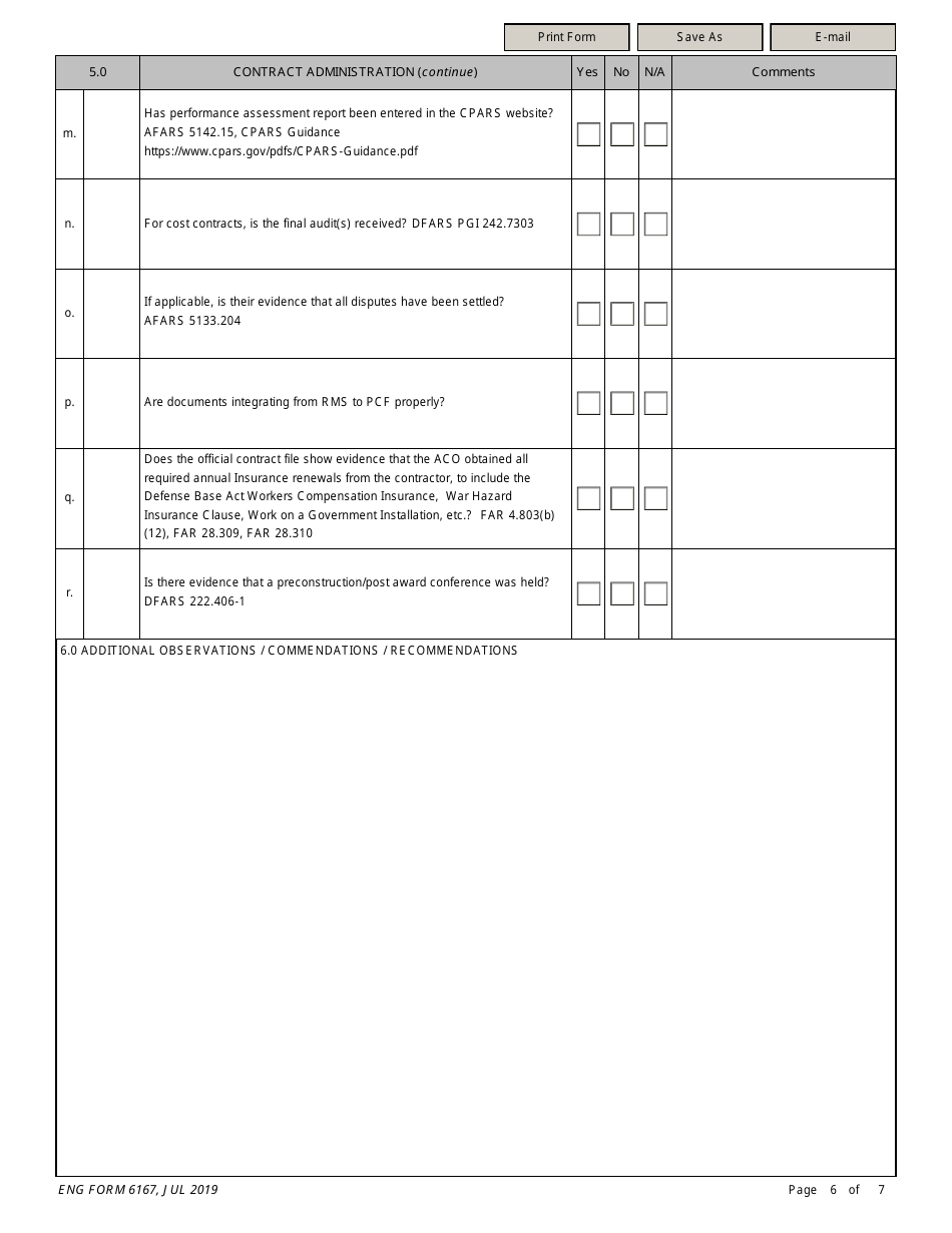 ENG Form 6167 Annual Administrative Contracting Officers (Aco) File Inspection Checklist, Page 6