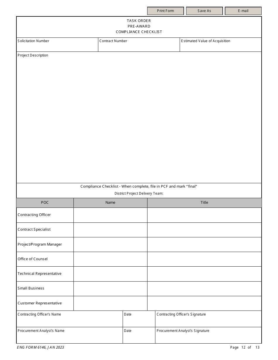 ENG Form 6146 Task Order Pre-award Compliance Checklist, Page 12