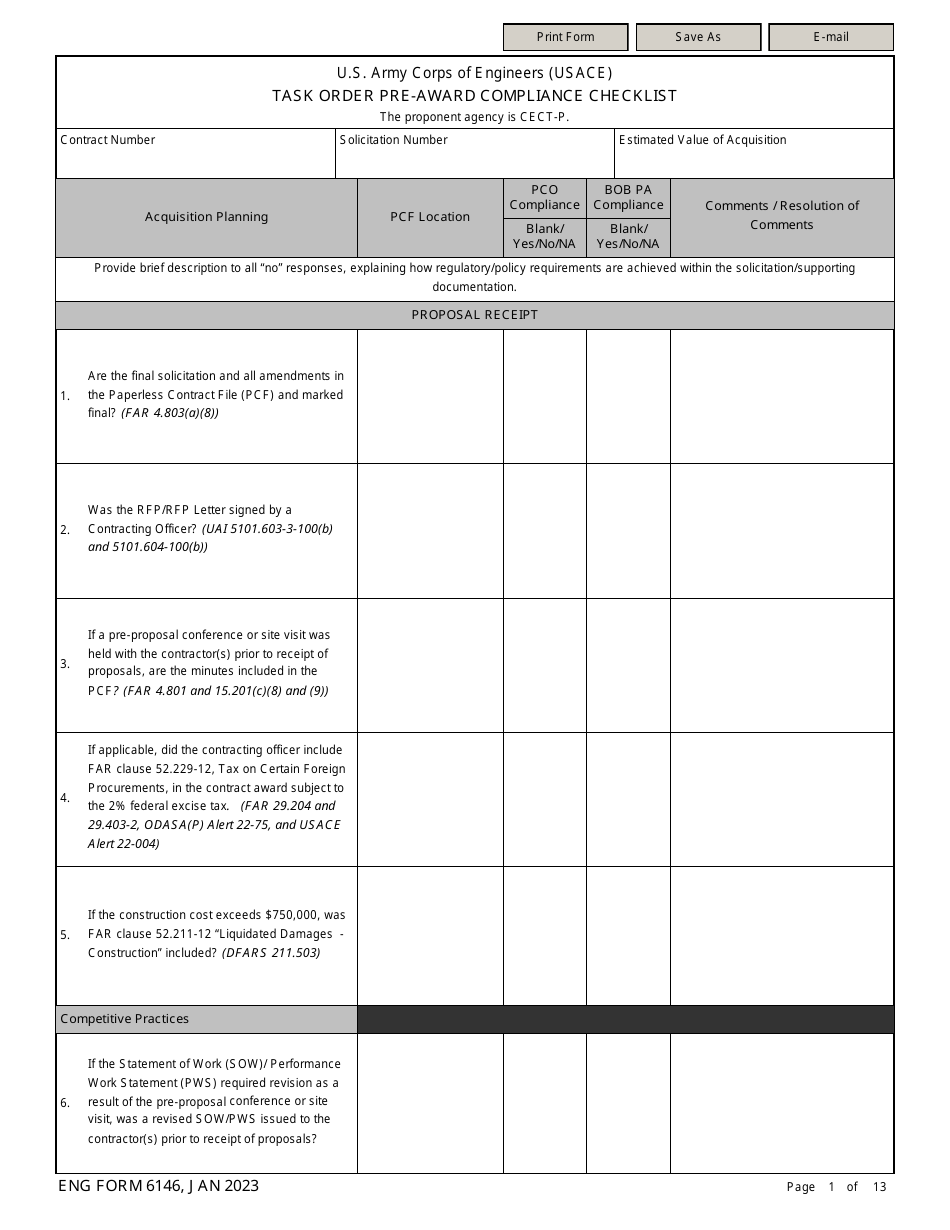 ENG Form 6146 Task Order Pre-award Compliance Checklist, Page 1