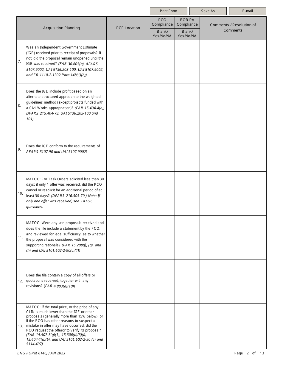 ENG Form 6146 Task Order Pre-award Compliance Checklist, Page 2