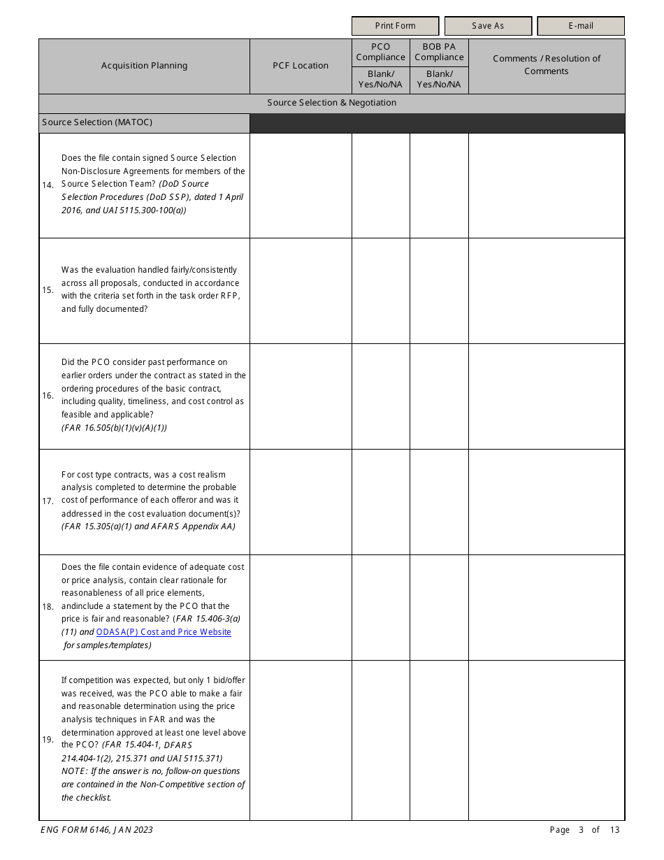 ENG Form 6146 Task Order Pre-award Compliance Checklist, Page 3