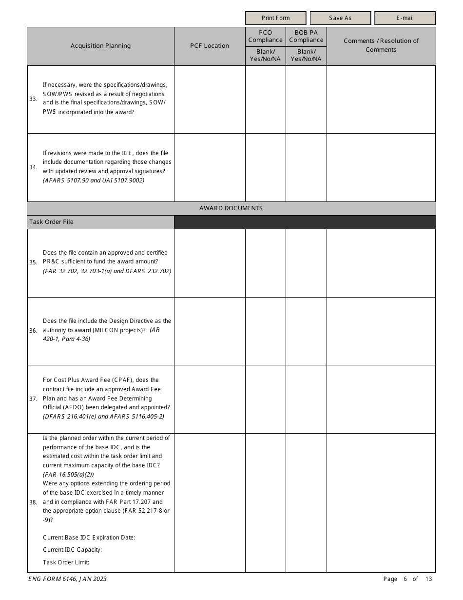 ENG Form 6146 Task Order Pre-award Compliance Checklist, Page 6