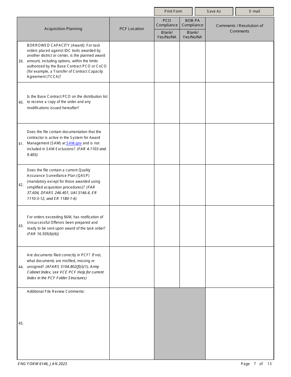 ENG Form 6146 Task Order Pre-award Compliance Checklist, Page 7