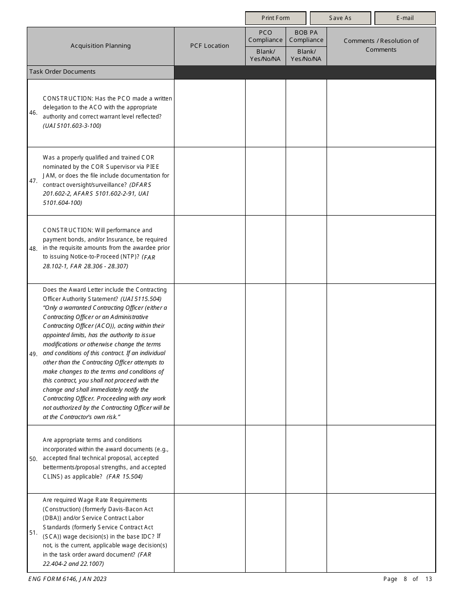 ENG Form 6146 Task Order Pre-award Compliance Checklist, Page 8