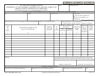 Document preview: ENG Form 4025 Transmittal of Shop Drawings, Equipment Data, Material Samples, or Manufacturer's Certificates of Compliance