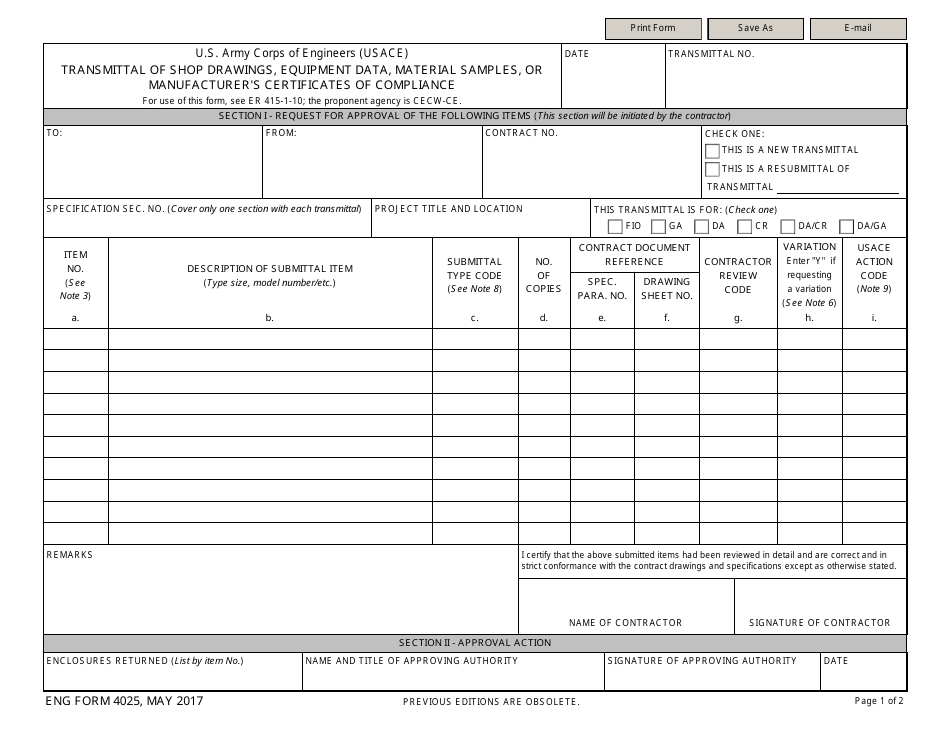 ENG Form 4025 Transmittal of Shop Drawings, Equipment Data, Material Samples, or Manufacturers Certificates of Compliance, Page 1