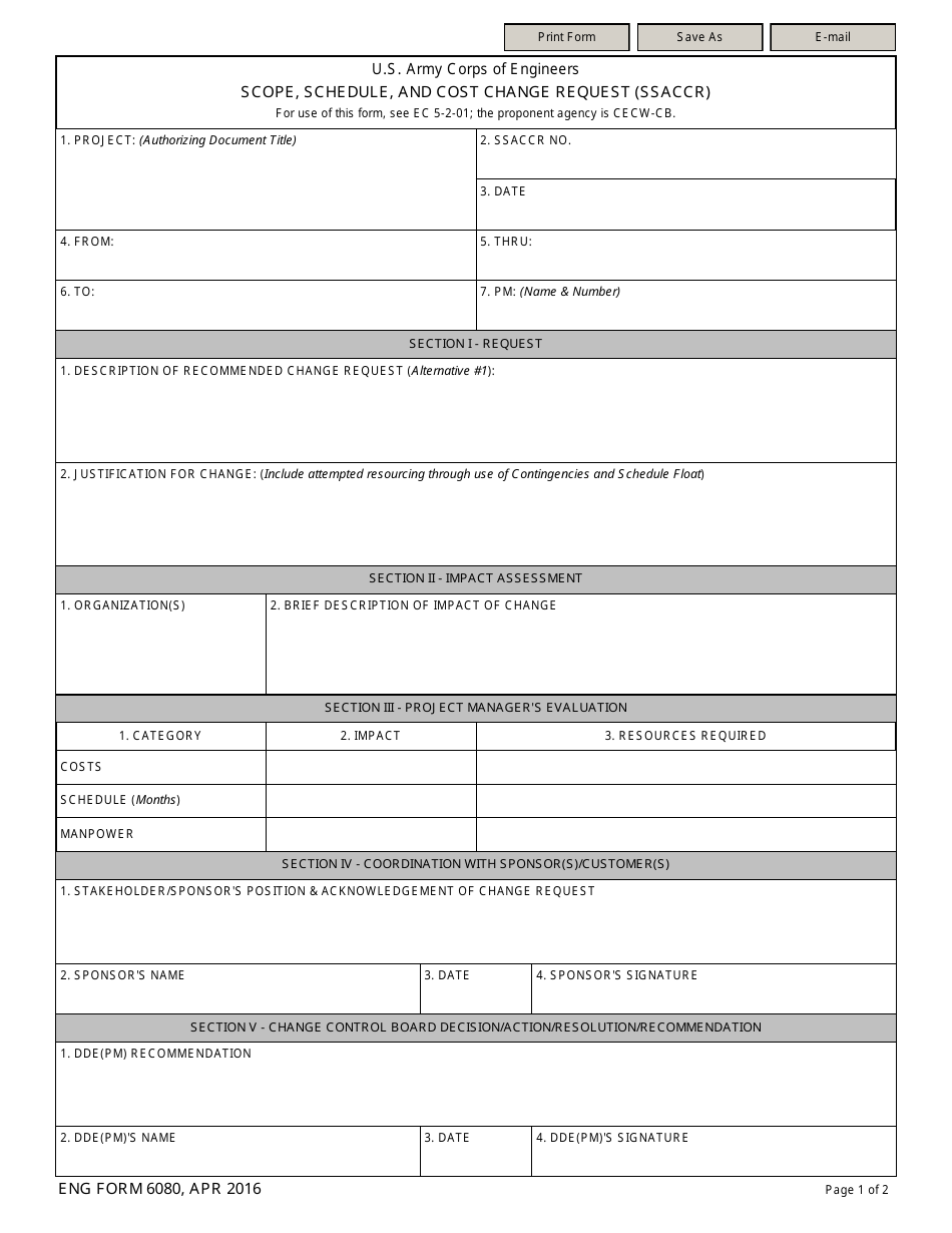 ENG Form 6080 Scope, Schedule, and Cost Change Request (Ssaccr), Page 1