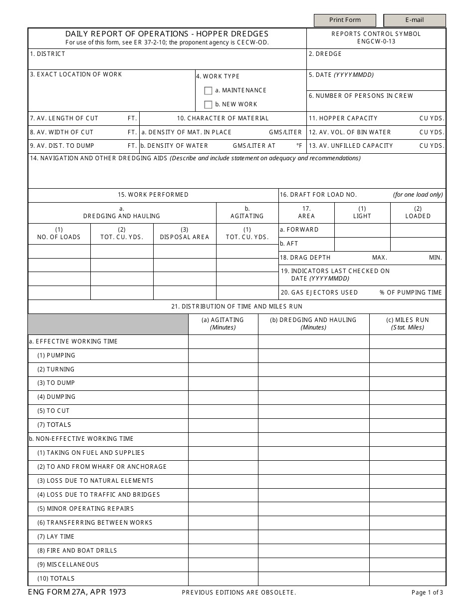 ENG Form 27A Daily Report of Operations - Hopper Dredges, Page 1