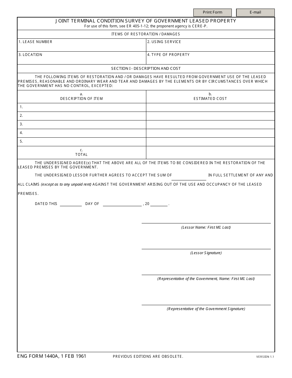 ENG Form 1440A Joint Terminal Condition Survey of Government Leased Property, Page 1