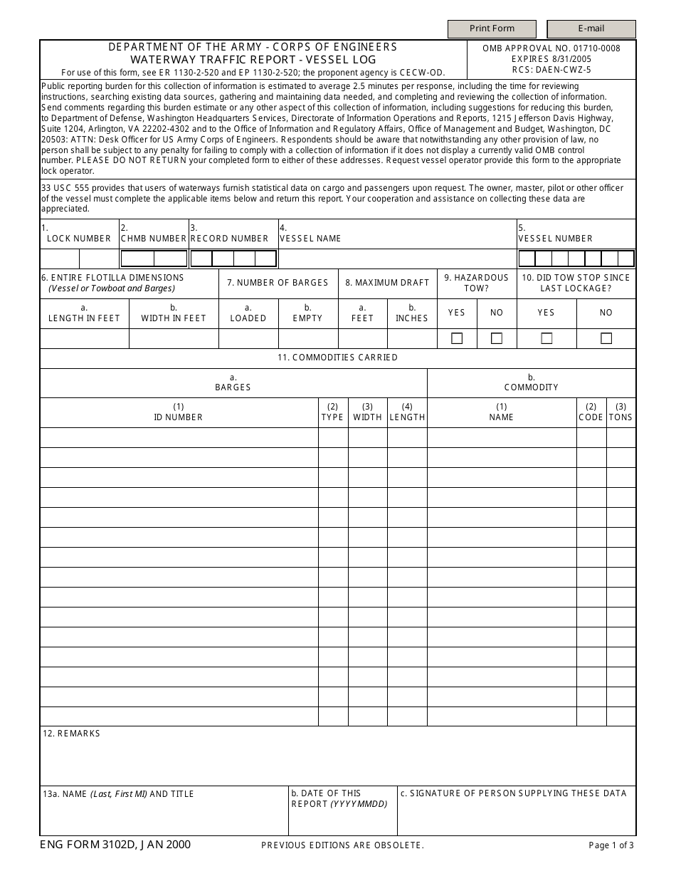 ENG Form 3102D Waterway Traffic Report - Vessel Log, Page 1