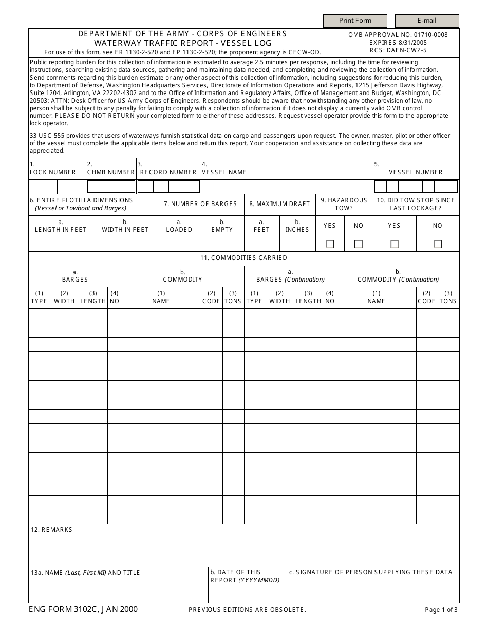 ENG Form 3102C Waterway Traffic Report - Vessel Log, Page 1