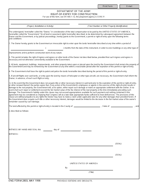 ENG Form 2803 Right-Of-Entry for Construction
